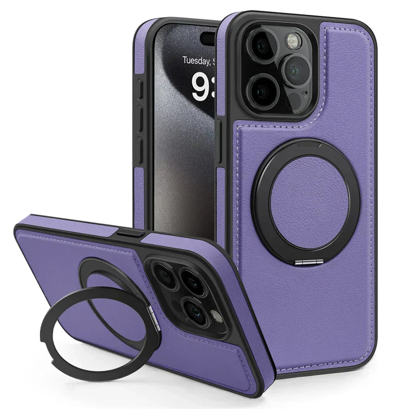 Magnetic Leather Case with 360 Degree Rotating Metal Ring Holder for iPhone 16 15 14