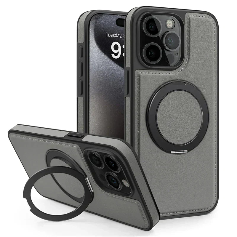 Magnetic Leather Case with 360 Degree Rotating Metal Ring Holder for iPhone 16 15 14
