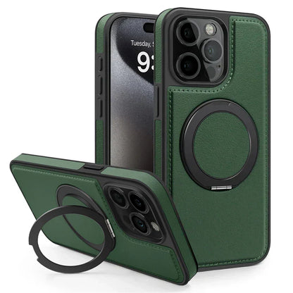 Magnetic Leather Case with 360 Degree Rotating Metal Ring Holder for iPhone 16 15 14