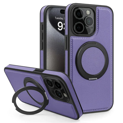 Magnetic Leather Case with 360 Degree Rotating Metal Ring Holder for iPhone 16 15 14