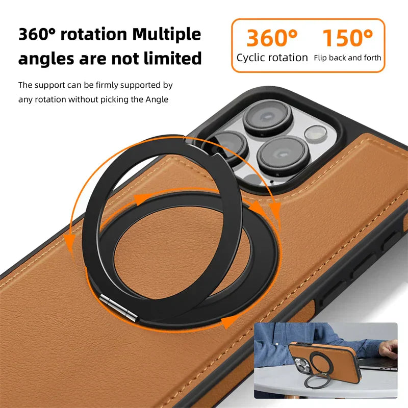 Magnetic Leather Case with 360 Degree Rotating Metal Ring Holder for iPhone 16 15 14